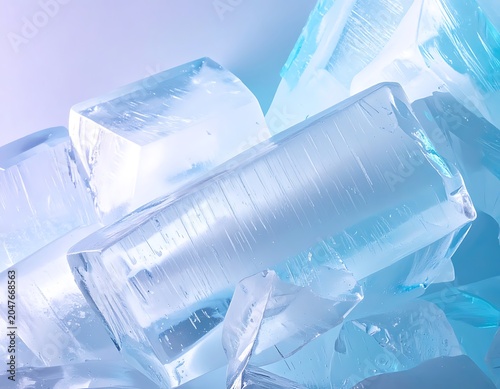 Clear ice cubes on blue background.