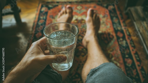Ways to tackle ankle swelling. Person holding a glass of water while sitting on a patterned rug with bare feet stretched out.