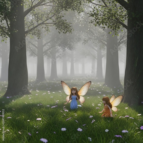 Fairies with translucent wings sit within a misty forest clearing surrounded by soft green grass and morning light.