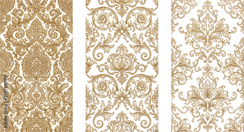 Foto Luxury Golden Damask Seamless Pattern Trio Featuring Elegant Vintage Baroque Flo