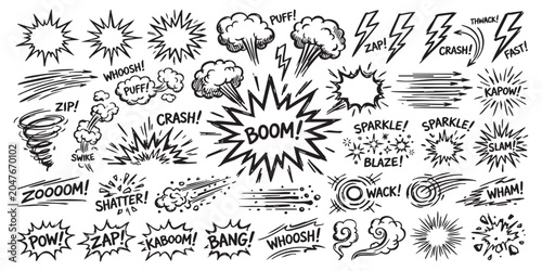 Tableau sur toile Set of hand drawn comic book sound effects and action bubbles with explosive sha