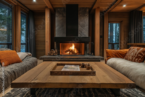 Cozy wooden cabin living room with glowing fireplace, rustic furniture, warm lighting, and forest views, creating a luxurious winter retreat atmosphere