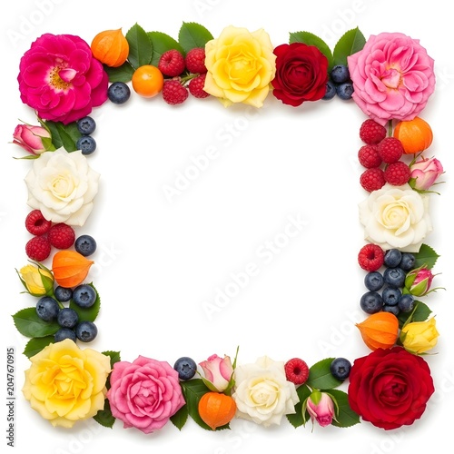 Roses and berries form a decorative square frame with a large empty white space in the center.