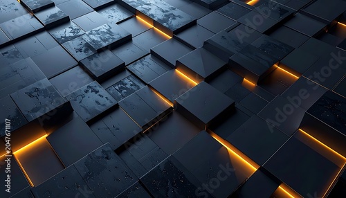 Dark metallic blocks with orange lights.