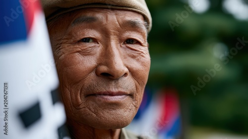 korean war veteranportrait, documentary-style portrait of elderly korean independence veteran with taegukgi flag, showcasing emotional details against a respectful, patriotic backdrop