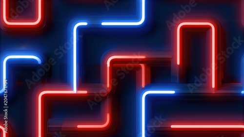 futuristic seoul skyline, seoul night skyline inspires futuristic pattern with neon red and blue light trails, abstract taeguk-inspired geometric shapes for south korea independence day branding