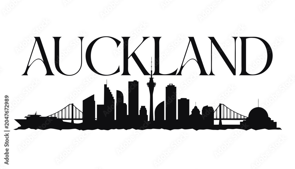 Fototapeta premium Vector illustration of Auckland skyline in black silhouette, with “AUCKLAND” text, on white background, modern city identity and tourism design