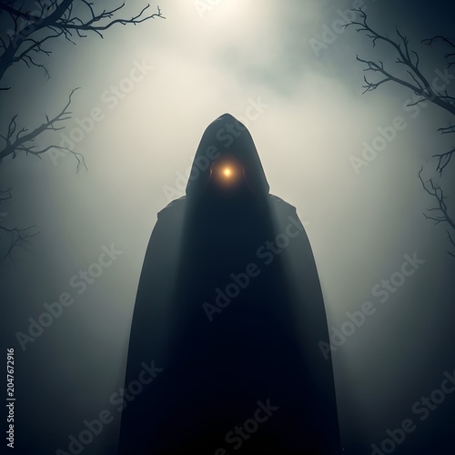 Figure wearing a dark hooded cloak stands ominously in a foggy forest with a single glowing eye.