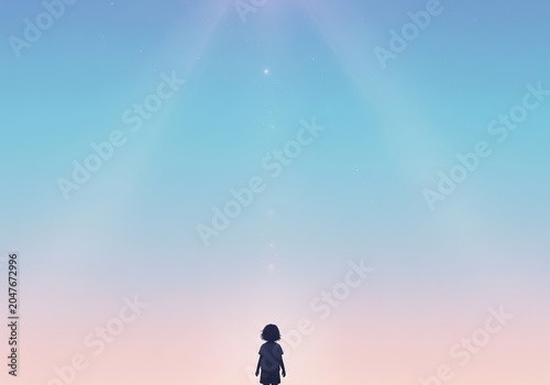 Child silhouette looking at starry night sky with sunset gradient background