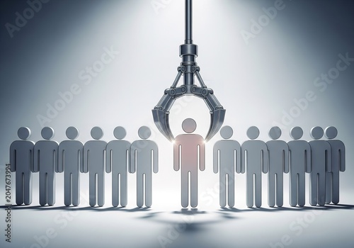 Recruitment Concept with Robot Claw Selecting Best Candidate from People Row
