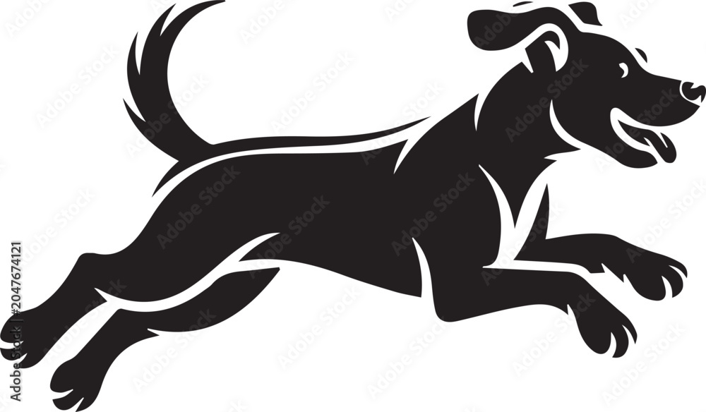 Fototapeta premium Black and white dog running fast with tongue out Vector