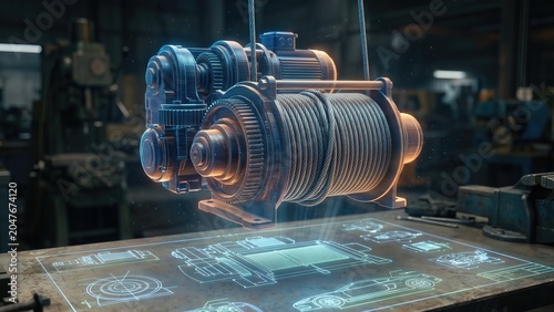 Futuristic Electric Winch with Technical Overlay in Workshop Environment