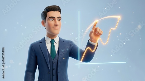 Professional Man in Suit Pointing at Rising Graph with Bright Sparkle Effect