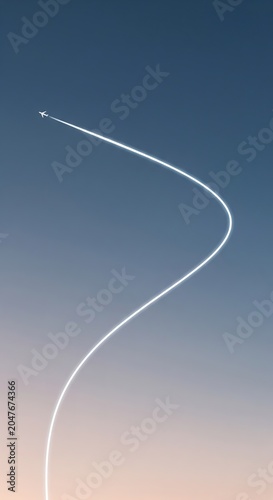 Airplane Flying in Gradient Blue Sky with Long Curved White Trail at Sunset