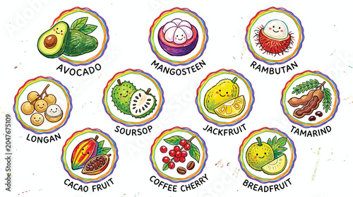Tableau sur toile Collection of Cute Cartoon Tropical Fruits with Happy Faces, Including Avocado, Mangosteen, Rambutan, Longan, Soursop, Jackfruit, Tamarind, Cacao Fruit, Coffee Cherry, and Breadfruit