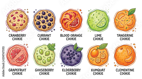Foto Collection of ten delicious and colorful homemade cookies featuring various fruits like cranberry, currant, blood orange, lime, tangerine, grapefruit, gooseberry, elderberry, kumquat, and clementine