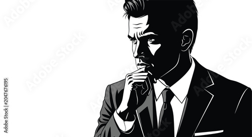 Tableau sur toile Introspective Businessman Pondering Difficult Decisions In Black And White