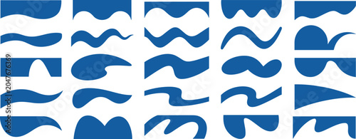 Collection of twenty five blue abstract wave and liquid shape isolated on a white background featuring various curved flowing lines and organic geometric forms for projects