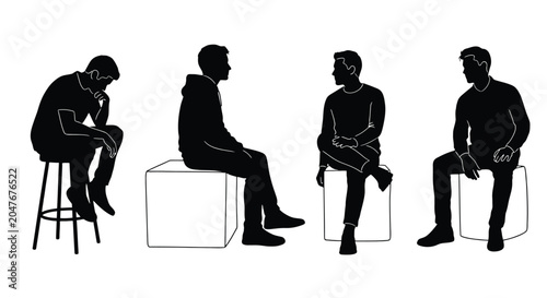 Vászonkép Silhouettes of Four Men Sitting in Contemplation.