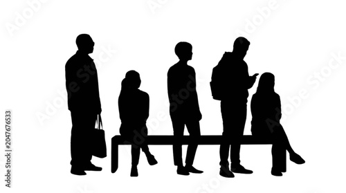 Silhouette people waiting near bench in park isolated on transparent background, Vector
