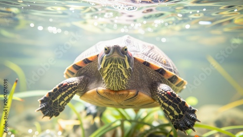 Underwater Turtle Swimming in Clear Water Wildlife Close Up
