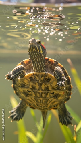 Underwater Turtle Swimming in Clear Water Close Up Portrait