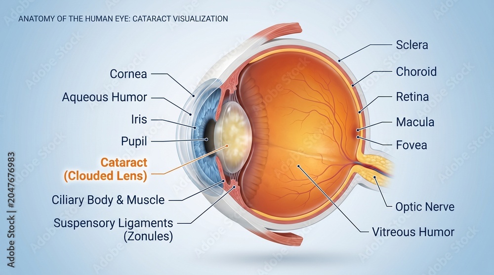 Fototapeta premium Human eye anatomy illustration with cataract visualization