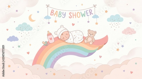 Dreamy scene of a baby napping with a teddy bear on a rainbow under a Baby Shower banner