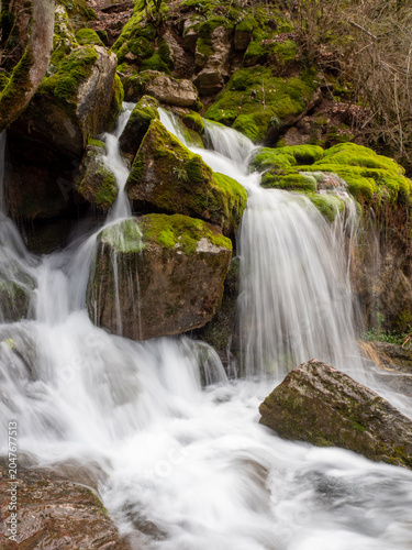 Quadro su tela Beautiful waterfall cascading over mossy rocks in a lush spring forest