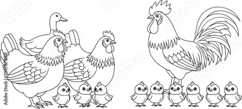 Canvas Print Farm animals coloring page featuring cute rooster, hens, little chicks, and a du