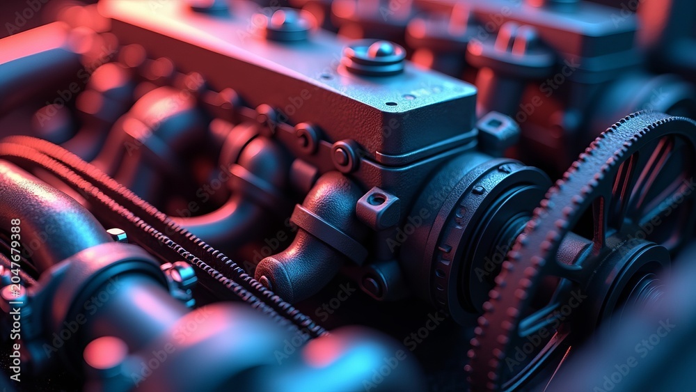 Naklejka premium Close up of high performance internal combustion engine with neon lighting.