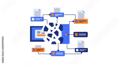 Abstract Vector Illustration of Data Fragmentation and System Failure Featuring a Shattered Central Core Connected to File and UI Nodes