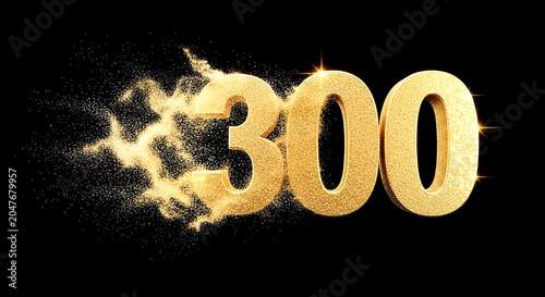 Striking digital illustration of the number 300 with an explosive spark effect, glowing in gold against a black backdrop.