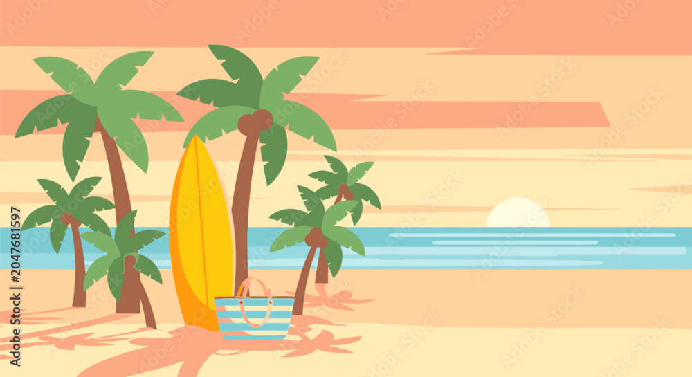 Fototapeta premium A serene beach scene with palm trees, a surfboard, and ocean waves at sunset.