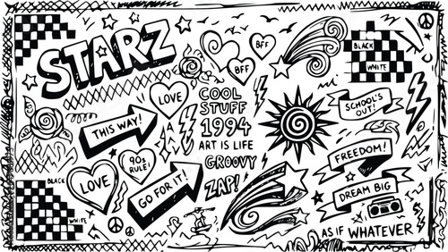 Doodle set illustration featuring retro nineties style hand drawn symbols like hearts stars arrows and checkerboard patterns in black ink