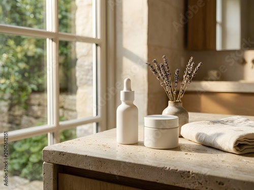 Natural Skincare Products on a Rustic Wooden Table by a Window.