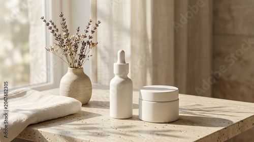 Natural Skincare Products on Sunny Window Sill with Dried Flowers.