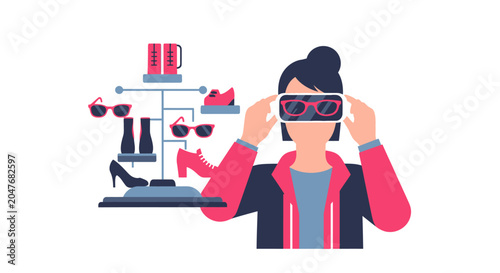 Online Virtual Reality Shopping Concept Illustration: Woman Using VR Headset to Browse Fashion Accessories, Shoes, and Sunglasses in a Digital Storefront