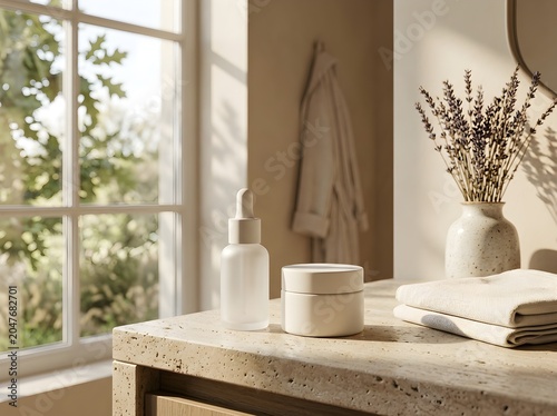 Skincare products and dried lavender in a sunlit bathroom with a window view.