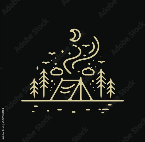 Camping tent under starry night sky with moon vector, AI, Illustartion