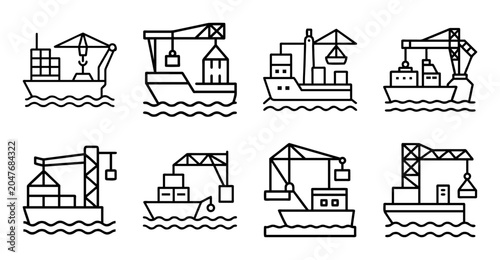 Cargo ships and cranes loading containers at port - Vintage-style illustration of different ships and cranes handling containers in a busy harbor setting.