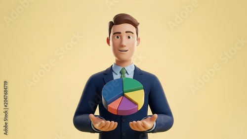 Businessman Holding Pie Chart 3D Model with Light Background for Presentations