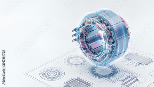 Abstract Electric Motor Concept Over Blueprint with Detailed Design Elements