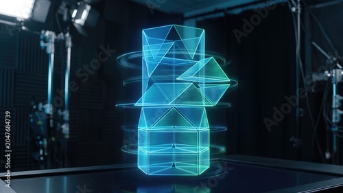 Three-Dimensional Geometric Shape with Futuristic Light Effects in Studio