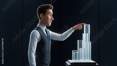 Animated Businessman Pointing at Glass Graph in Modern Office Environment
