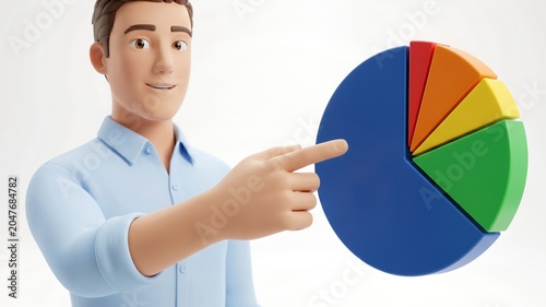 Businessman Presenting Colorful Pie Chart in Modern Office Environment