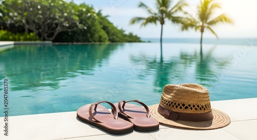 Summer vacation concept with straw hat and flip-flops by the infinity swimming pool at a luxury tropical resort