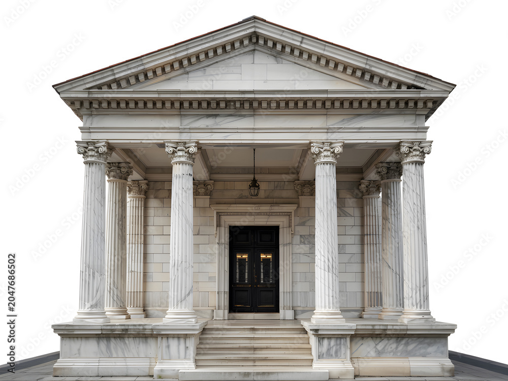 Fototapeta premium Classic marble temple entrance with columns and golden door in bright daylight