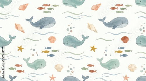 Repeating design of smiling whales, colorful fish, and seashells floating in ocean water