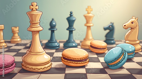 Colorful French macarons are playfully scattered across a checkerboard amidst standing black and cream chess pieces, creating a whimsical and sweet vector illustration blending games with desserts